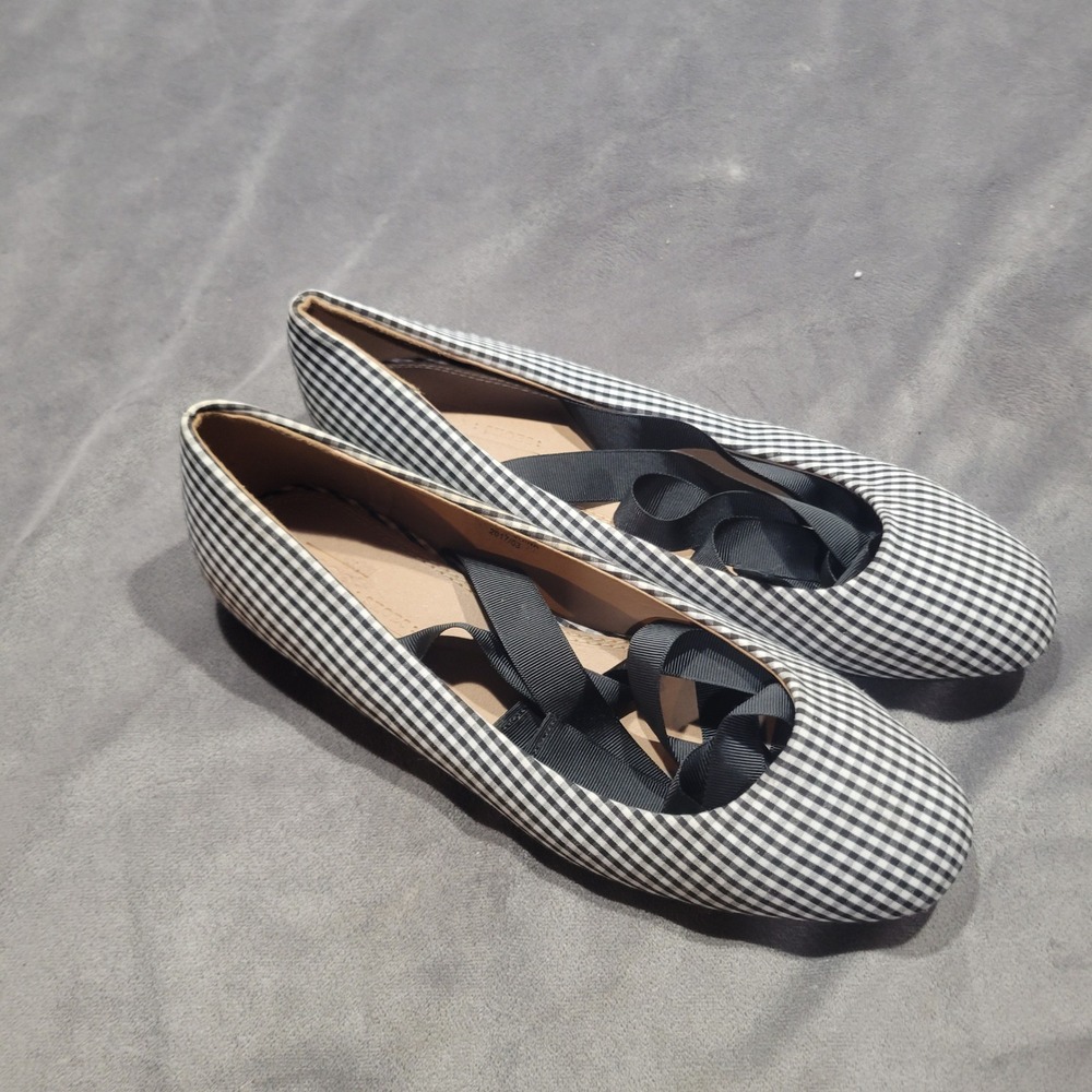ASOS Gingham Ankle Tie Ballet Flats Black White Check Round Toe Shoes Womens 7